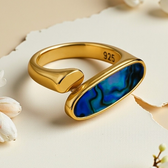 ๐๏ธ Boho Chic Adjustable Ring Abalone Shell 18K Gold Plated S925 Sterling Silver - Picture 1 of 16